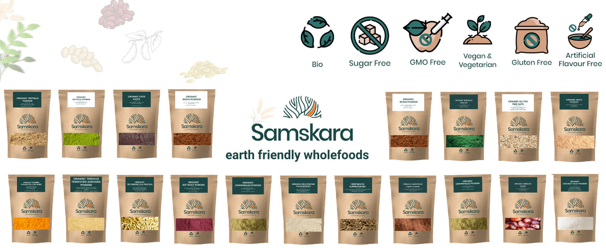 Sellos Samskara: bio, sin azúcar, sin OGM, vegano, sin gluten y sin aromas artificiales, junto a la gama de superalimentos ecológicos