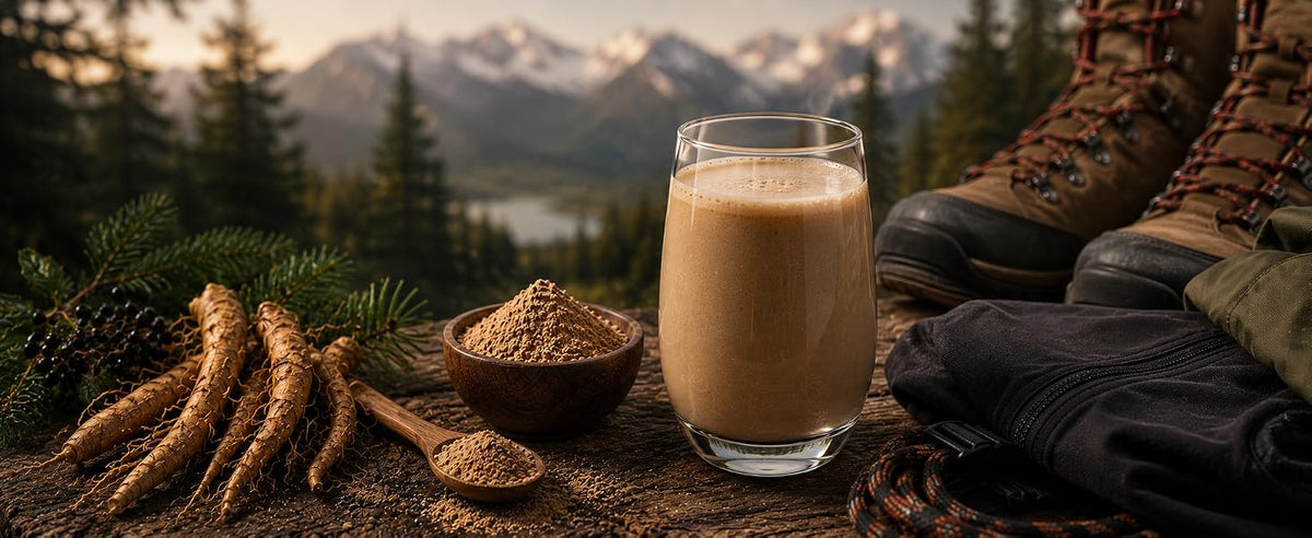 Batido de ginseng siberiano junto a botas de senderismo y montañas al fondo