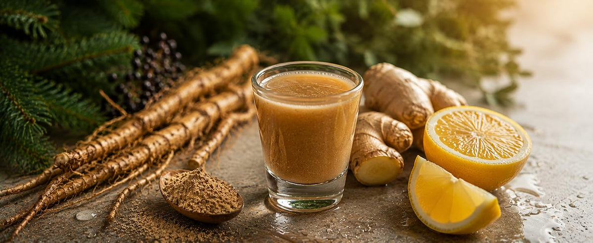 Shot matutino de ginseng siberiano con jengibre y limón