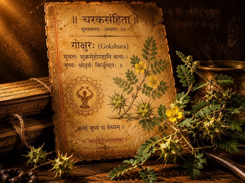 Manuscrito del Charaka Samhita con gokshura, la planta ayurvédica conocida como tribulus