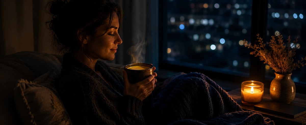 Taza de leche dorada para el final del día, ritual nocturno sin cafeína