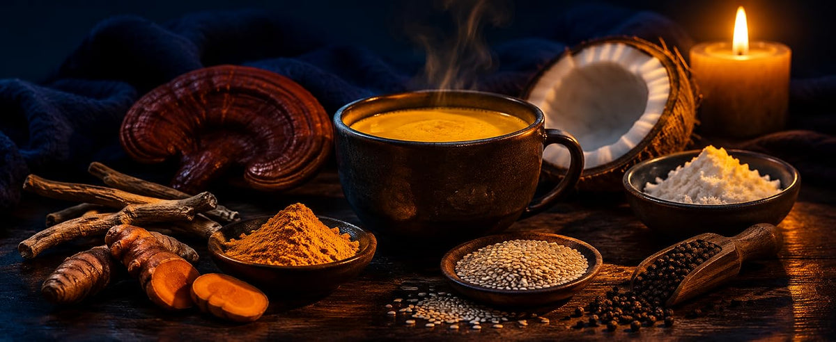 Seis ingredientes del Golden Snooze: cúrcuma, pimienta negra, reishi, ashwagandha, psyllium y coco
