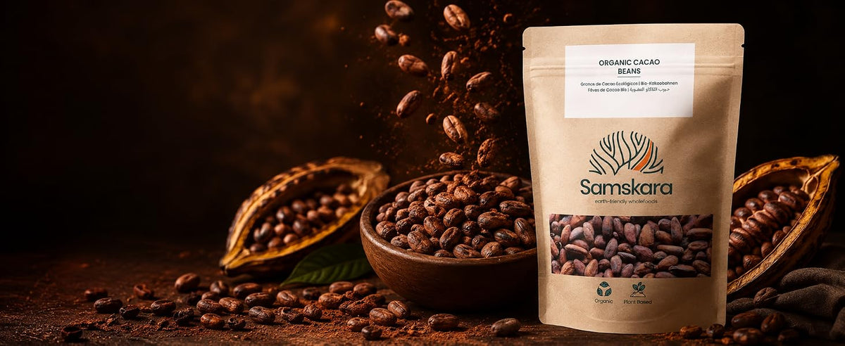 Granos de cacao ecológico crudo de Perú, enteros y mínimamente procesados, Samskara