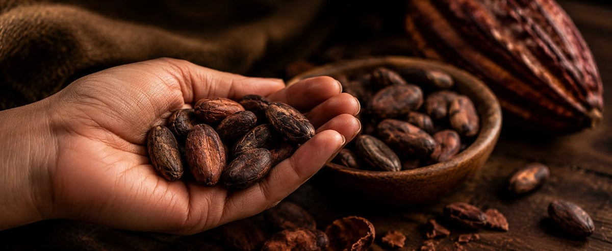 Unos pocos granos de cacao crudo como snack intenso de cacao puro