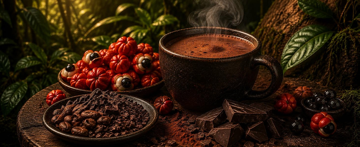 Chocolate caliente con cacao, guaraná en polvo y leche de avena caliente