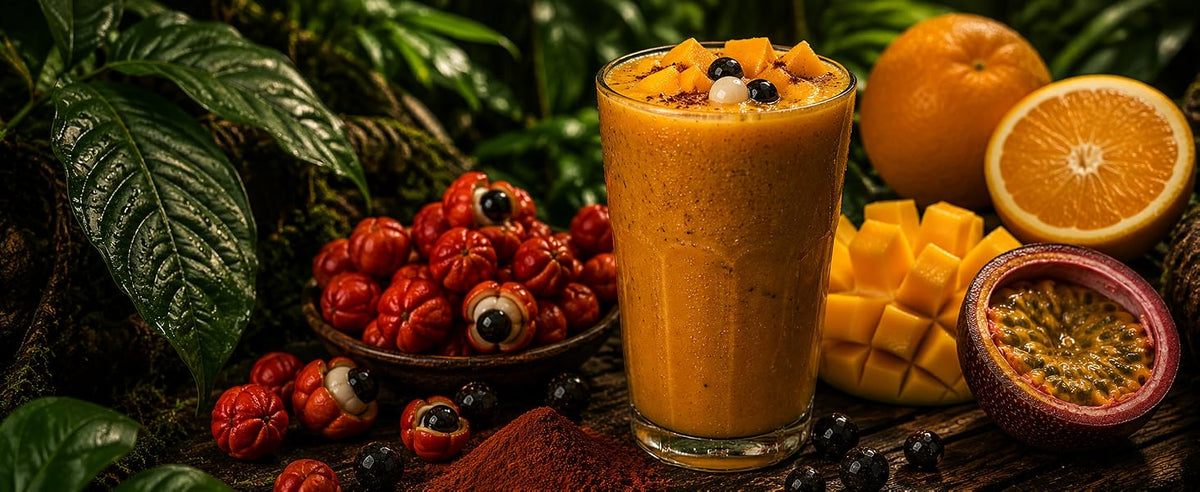 Smoothie tropical de mango, maracuyá y naranja con guaraná en polvo