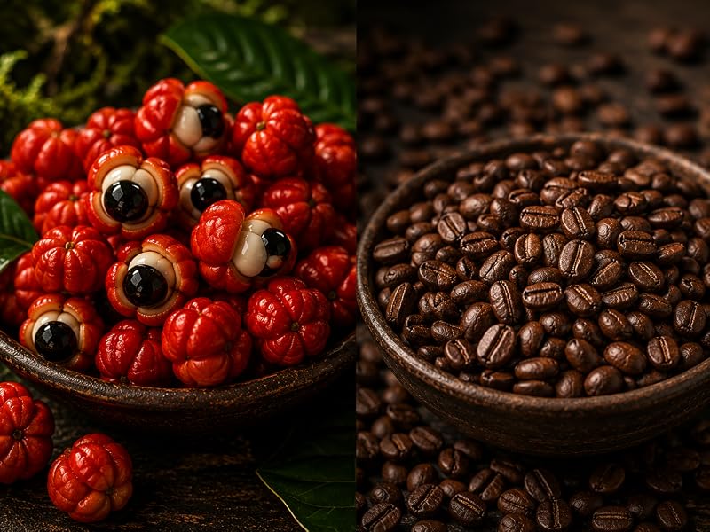 Frutos de guaraná junto a granos de café, cafeína natural concentrada en la semilla