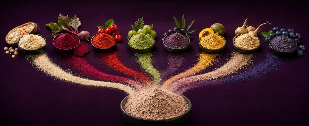 Cuenco de mezcla de bayas en polvo con los ocho superalimentos que la componen en polvos de colores sobre fondo violeta