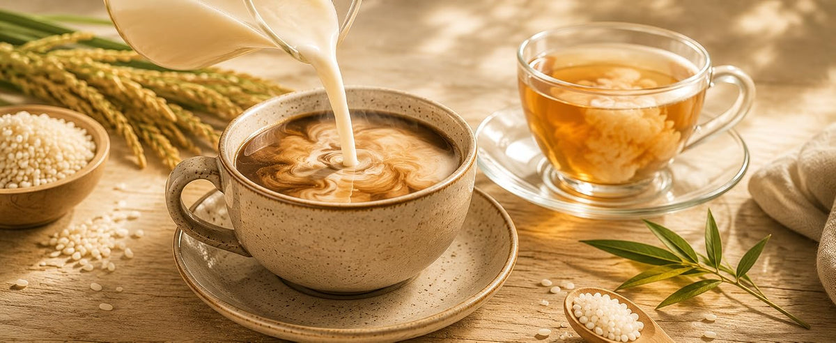 Leche de arroz en polvo en el café o el té como whitener vegetal cremoso