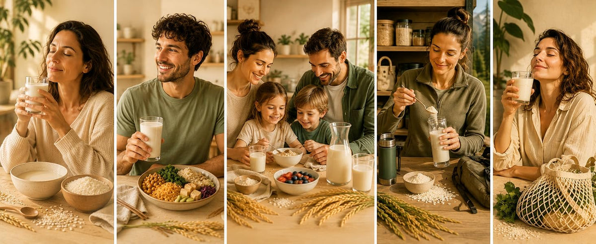 Leche de arroz en polvo para veganos, familias y cocinas con prisa