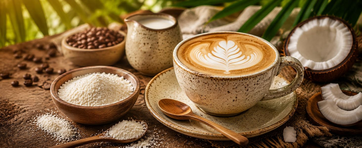 Café y latte vegetal cremoso con leche de coco en polvo