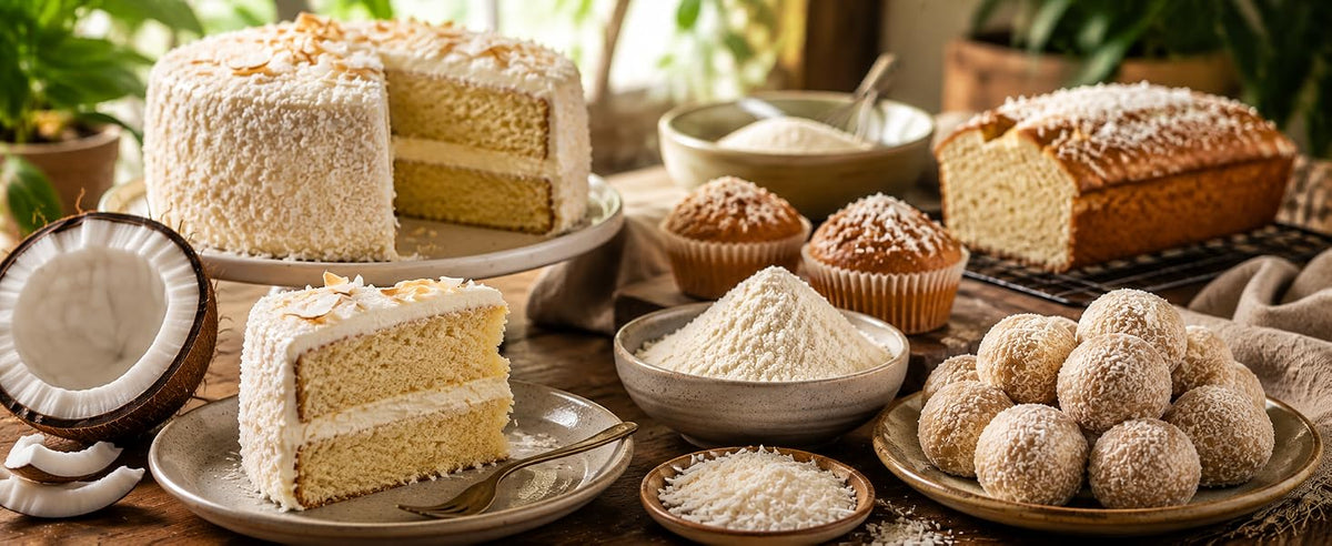Tartas y energy balls con leche de coco en polvo para repostería tropical