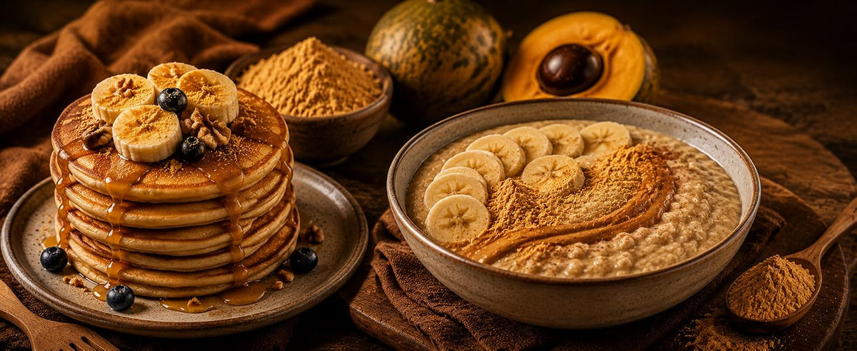 Tortitas y avena con lúcuma en polvo para un desayuno dorado con sabor a caramelo