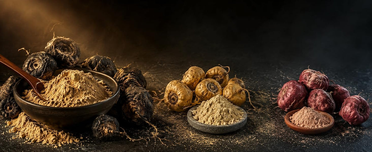 Maca negra, maca amarilla y maca roja en polvo y en raíz, comparación de las tres variedades de maca