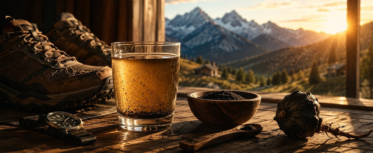 Vaso de bebida con maca negra junto a botas de montaña y paisaje de montaña al atardecer