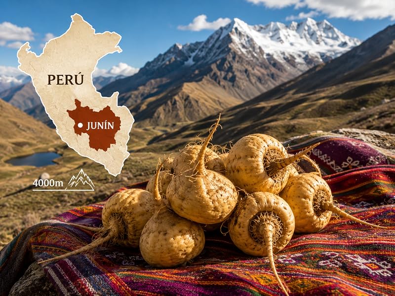 Mapa de Perú con la región de Junín y raíces de maca amarilla sobre un tejido andino a 4.000 m