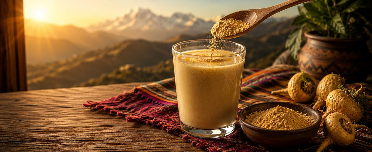 Una cucharadita de maca amarilla en polvo en agua tibia o leche vegetal como ritual matutino