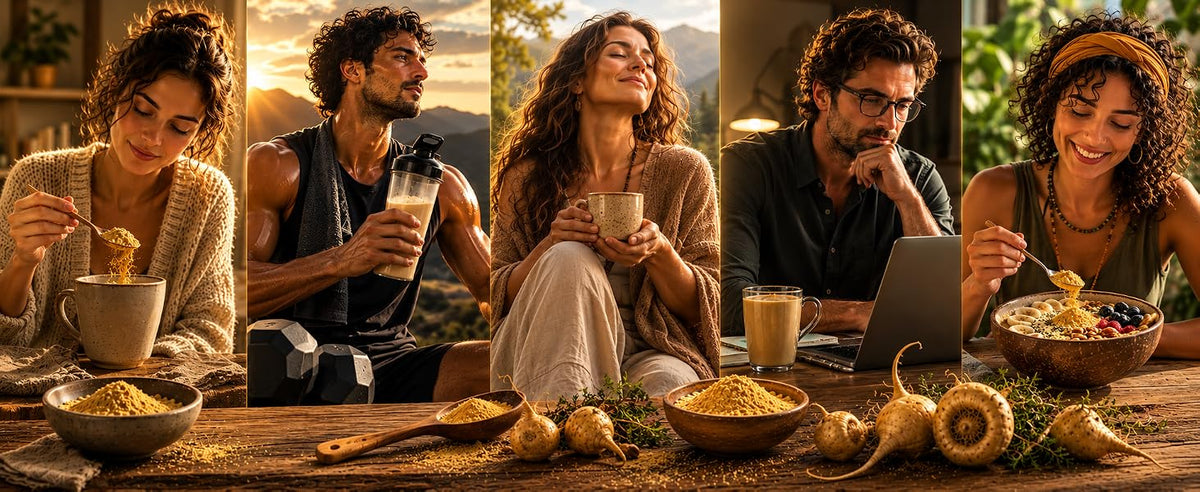 Maca amarilla en polvo para principiantes, personas activas, profesionales ocupados y veganos