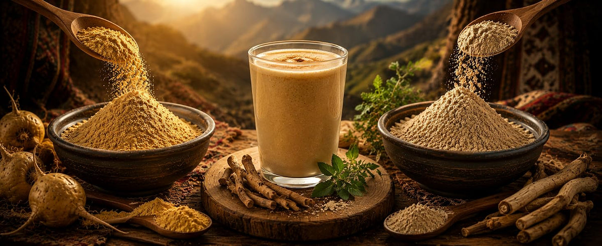 Maca por la mañana y ashwagandha KSM-66 por la noche, combinación de polvos Samskara Tribe