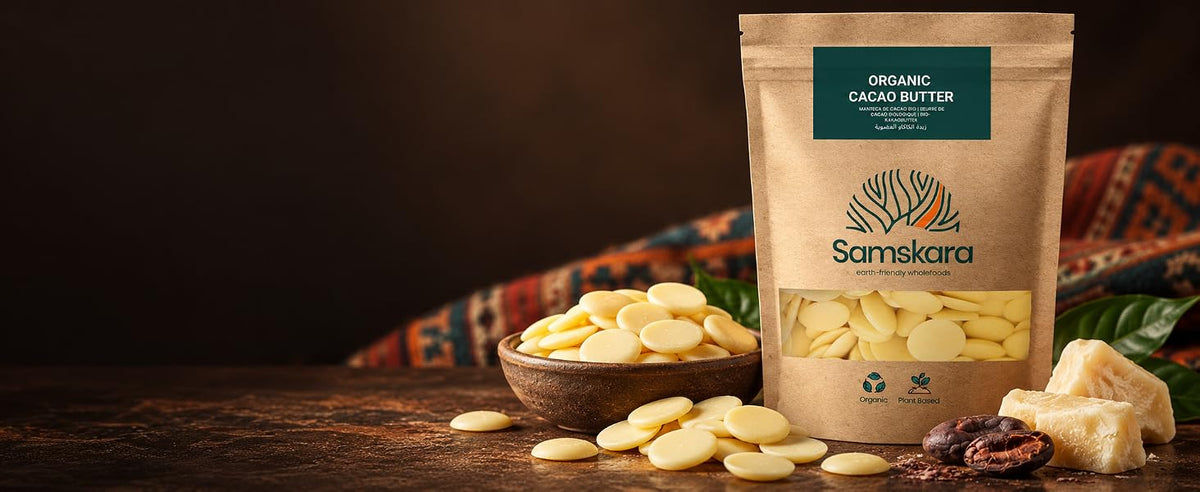 Manteca de cacao ecológica pura de los valles andinos de Perú, un solo ingrediente, Samskara 1 kg