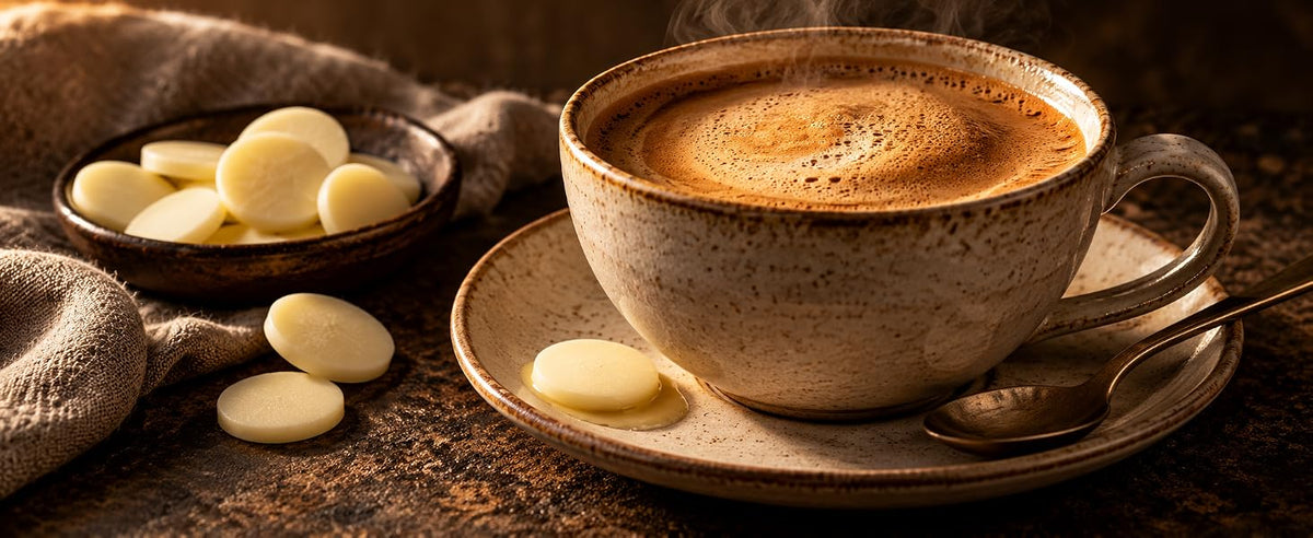 Manteca de cacao en el café caliente para un café cremoso sin hidratos, apto para keto