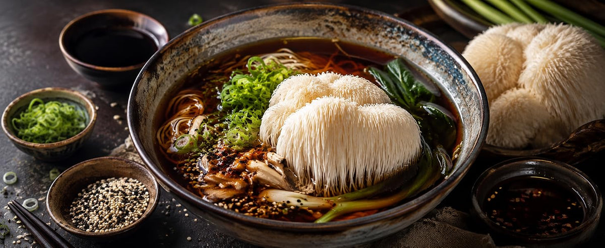 Ramen y salteado de verduras con melena de león en polvo, sabor umami suave