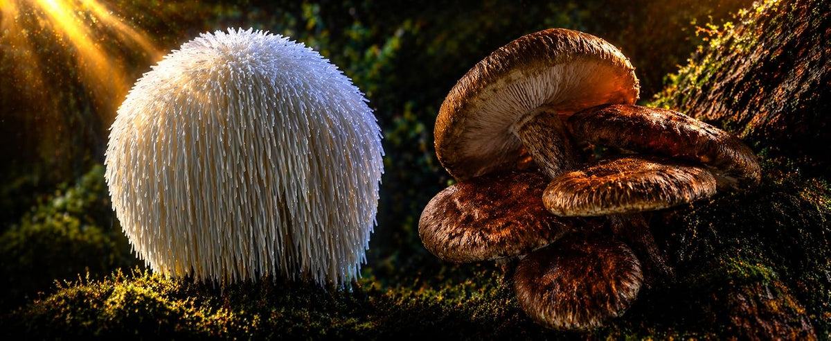Seta melena de león blanca junto a setas shiitake sobre musgo en el bosque