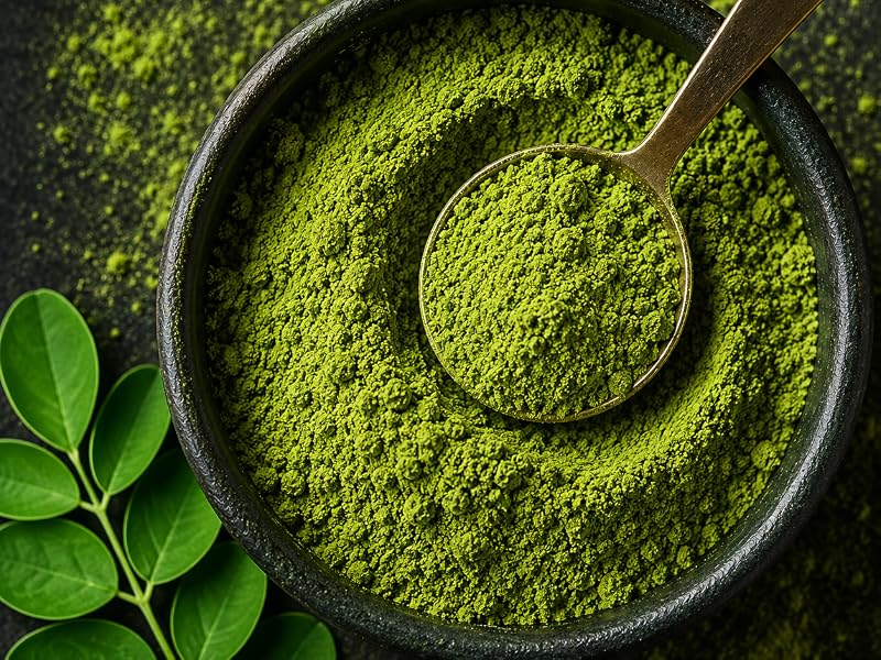 Cuenco de moringa en polvo de hoja molida con cuchara y hojas frescas de moringa