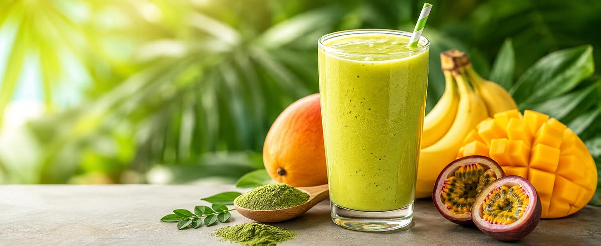 Smoothie tropical verde con moringa en polvo, mango, plátano y leche de coco