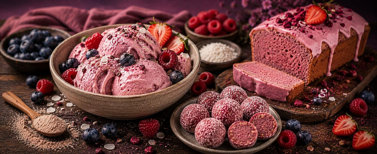 Nice cream rosa, bizcocho glaseado y energy balls de color rosa natural con frutos rojos
