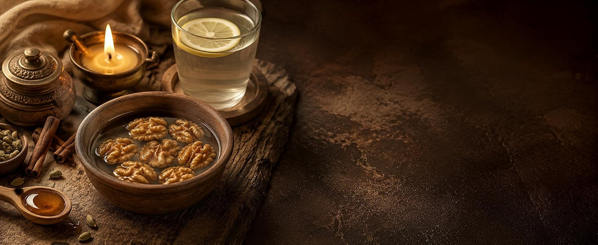 Cuenco de nueces en remojo con miel y cardamomo junto a vela y vaso de agua sobre madera