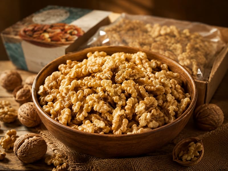 Cuenco de madera lleno de nueces peladas de gran calibre y color claro junto a nueces con cáscara