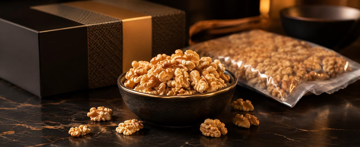 Cuenco de nueces peladas junto a bolsa de nueces envasadas al vacío sobre superficie de mármol oscuro