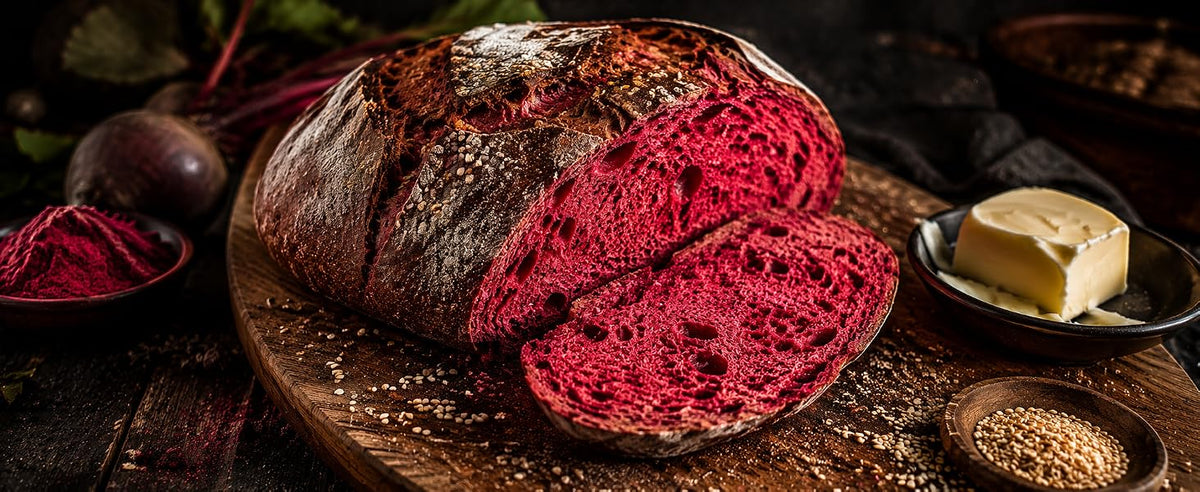 Pan casero de miga roja hecho con remolacha en polvo