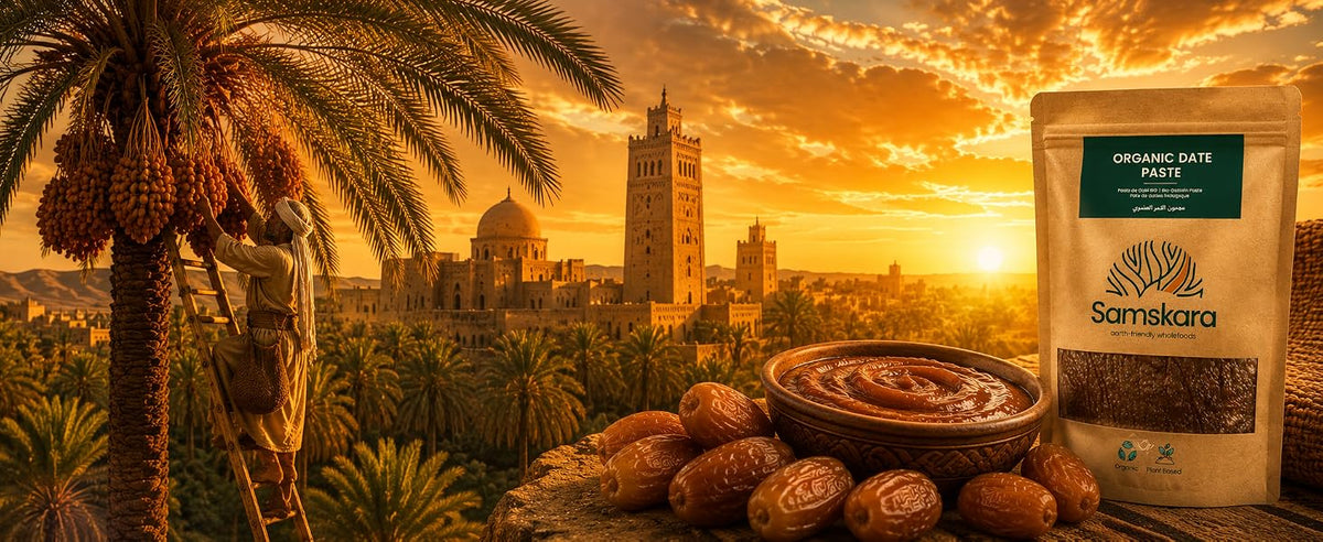Palmeras datileras al atardecer en el desierto, origen de la pasta de dátiles