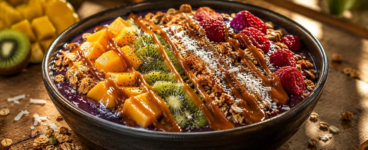 Smoothie bowl de açaí con fruta y granola y un chorrito de pasta de dátiles