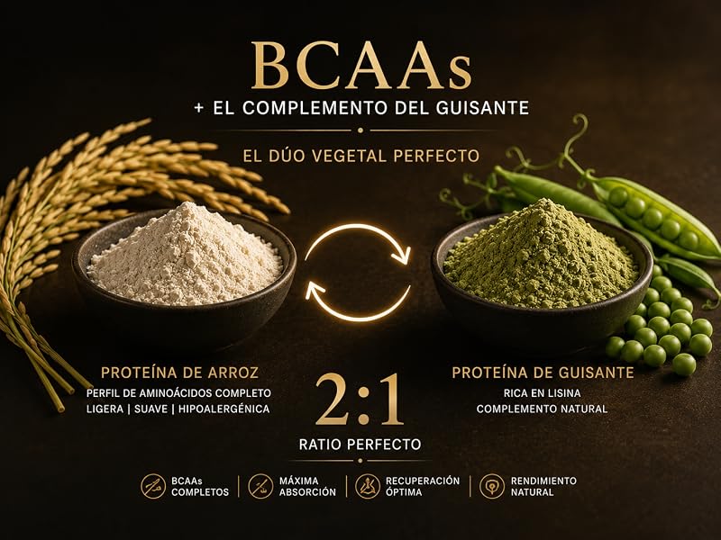 Proteína de arroz y proteína de guisante combinadas 2:1 para cubrir los nueve aminoácidos esenciales
