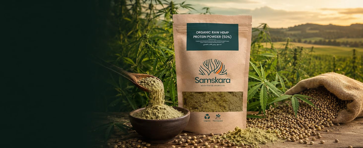 Bolsa de proteína de cáñamo ecológica Samskara con semillas y polvo de cáñamo
