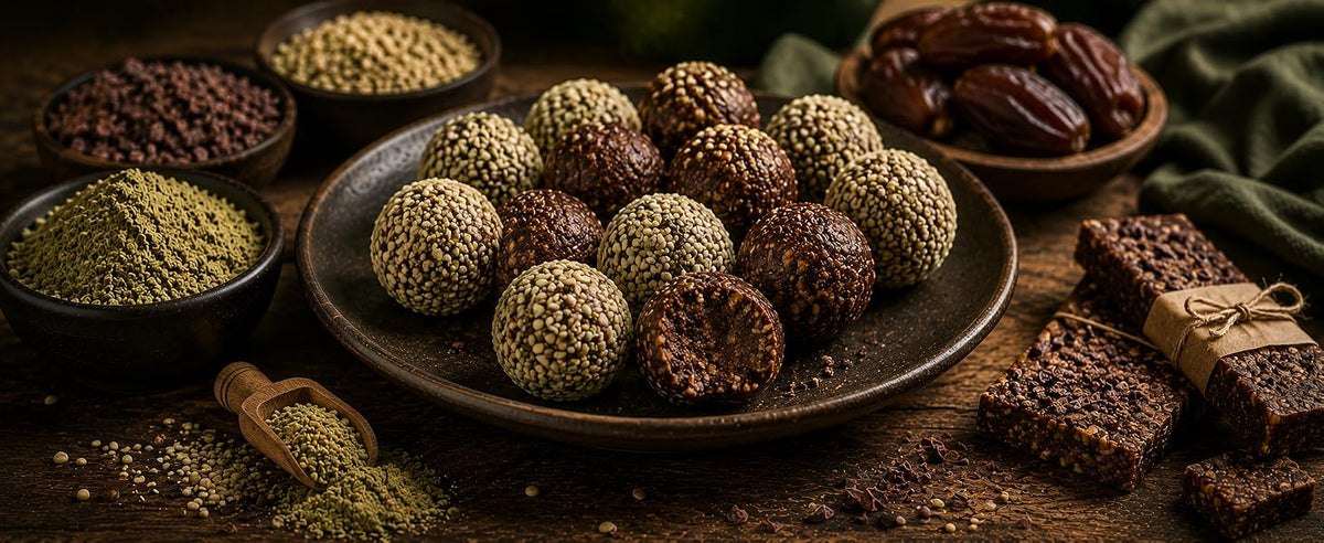 Energy balls de cáñamo, pasta de dátil, cacao y semillas para el entreno