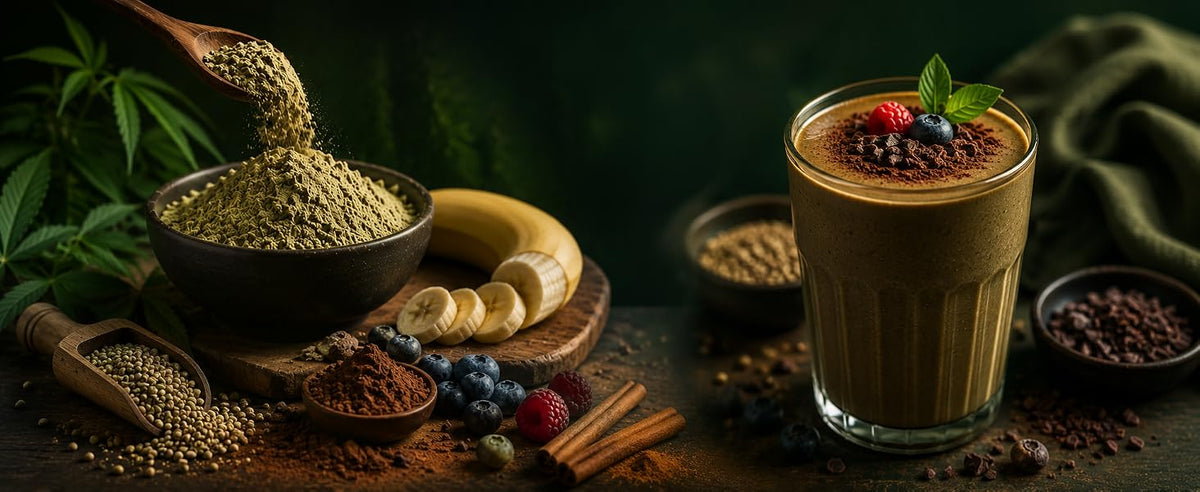 Proteína de cáñamo de sabor intenso, terroso y a nuez, ideal para combinar en batidos