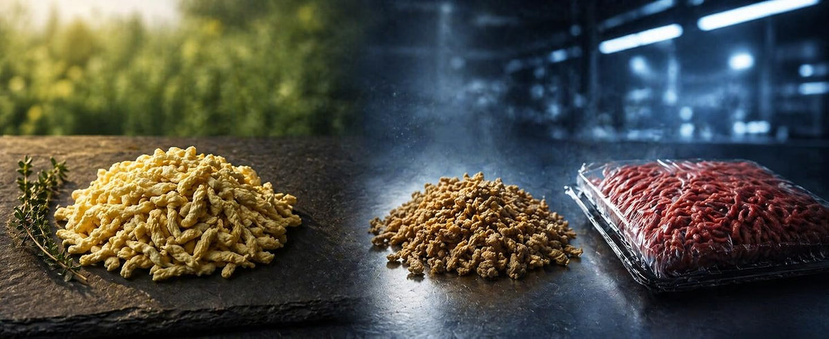 Proteína de guisante texturizada BIO en gránulos, trozos y polvo para comparar texturas