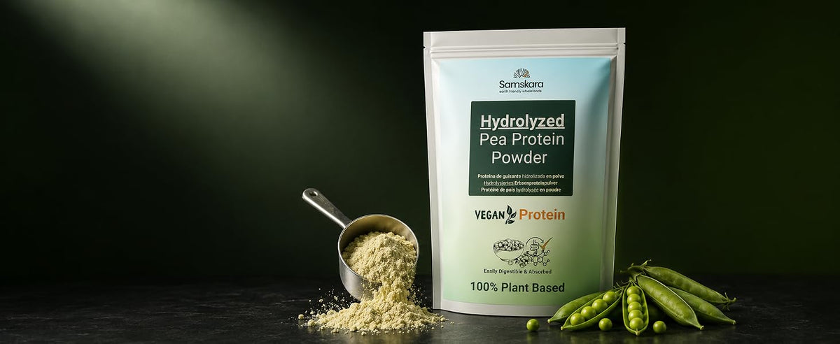 Bolsa de proteína de guisante ultra hidrolizada Samskara con 83 g de proteína por 100 g, pre-digerida y ultra limpia