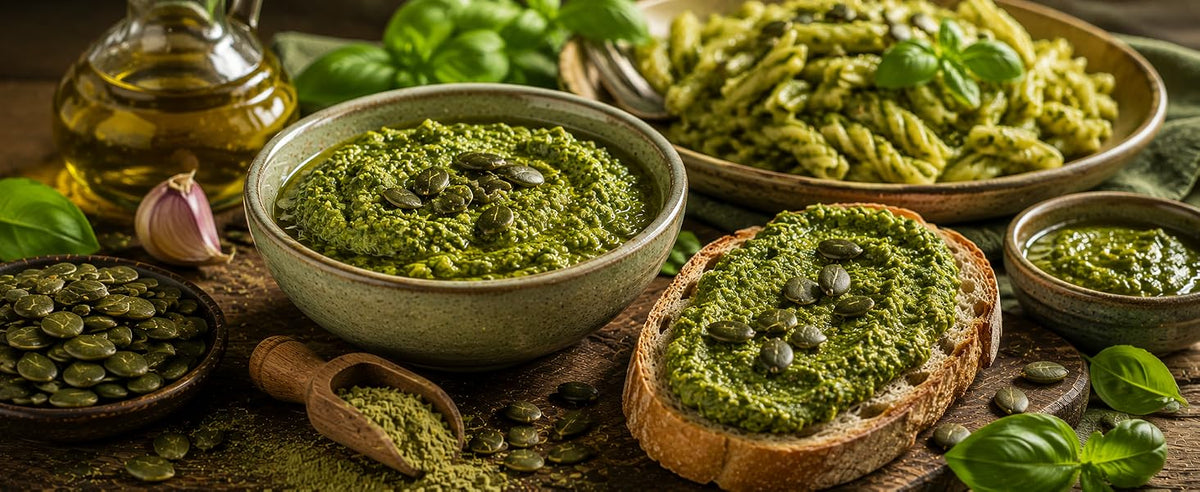 Pesto proteico con proteína de pepita de calabaza, albahaca, aceite de oliva y ajo