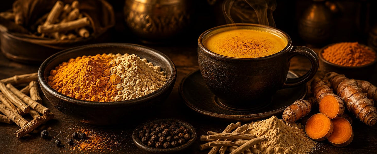 Receta de golden milk con cúrcuma y ashwagandha en polvo, pimienta negra, miel y leche caliente