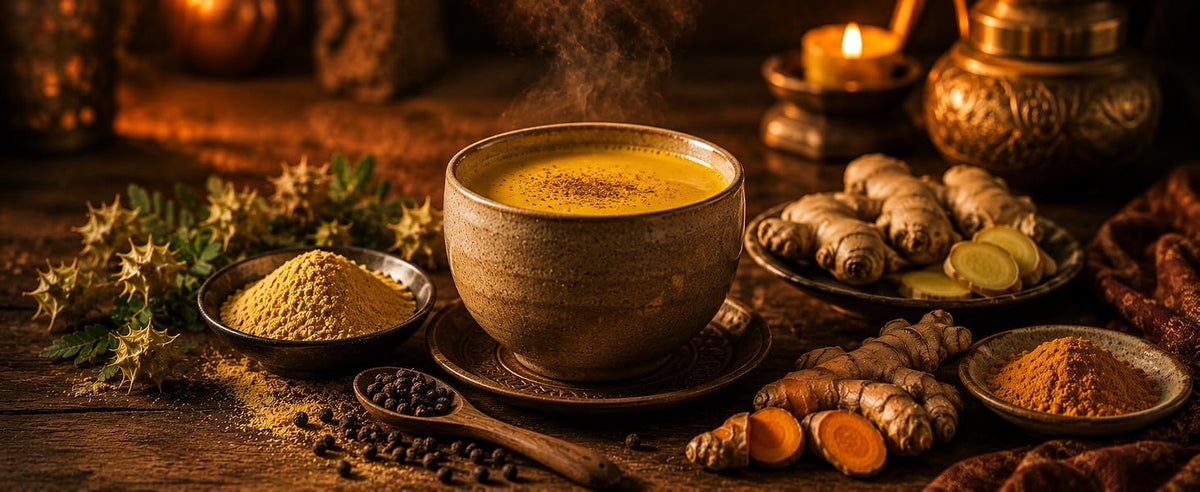 Golden milk con tribulus, cúrcuma, pimienta negra, jengibre y leche de coco