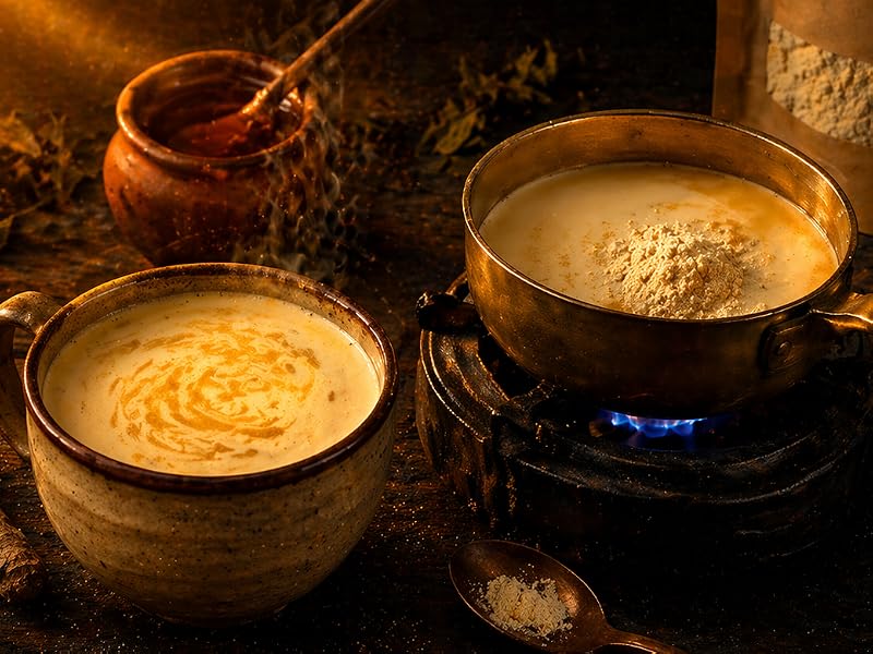 Leche dorada con ashwagandha, cúrcuma, pimienta y miel servida caliente en tazas de barro