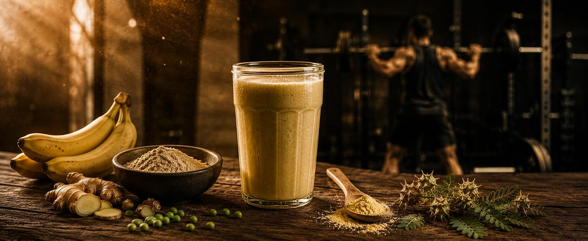 Shake con tribulus en polvo, proteína, plátano y leche vegetal para antes de entrenar