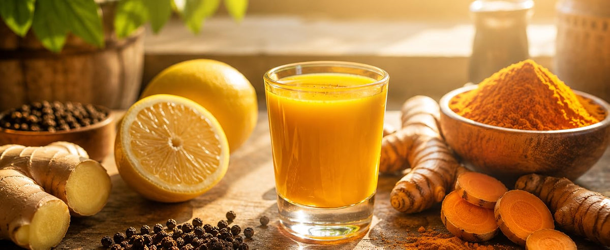 Receta de shot dorado de cúrcuma con limón, pimienta negra y agua tibia