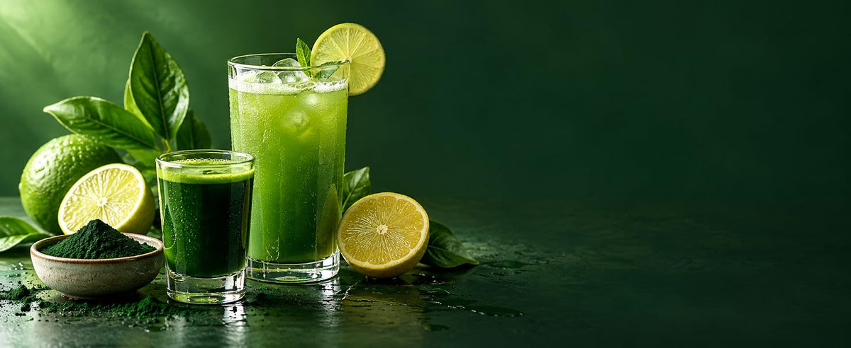 Shot verde de chlorella con zumo de limón o naranja