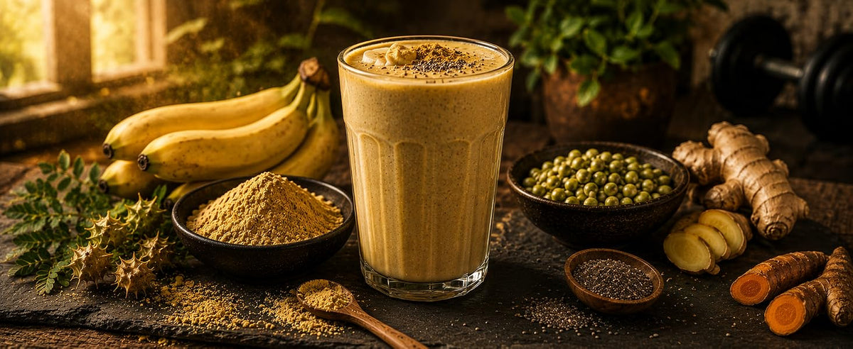Smoothie beige de tribulus, proteína de guisante, plátano, jengibre y leche de avena